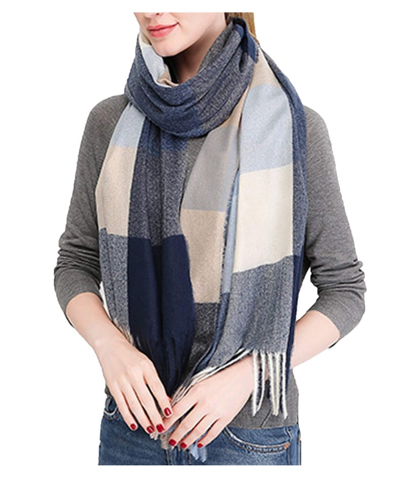 Wander Agio Women's Fashion Scarves Long Shawl Winter Thick Warm Knit Large Scarf Plaid Rough Navy Blue 21 - Image 1